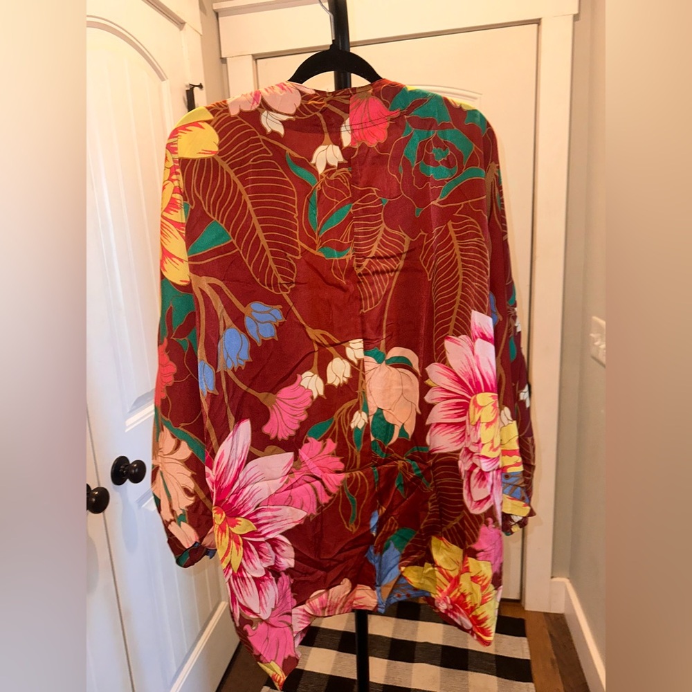 NWT Umgee Size S/M Burgundy Floral Open Front Cardigan with Pink Yellow Accents - Picture 6 of 7